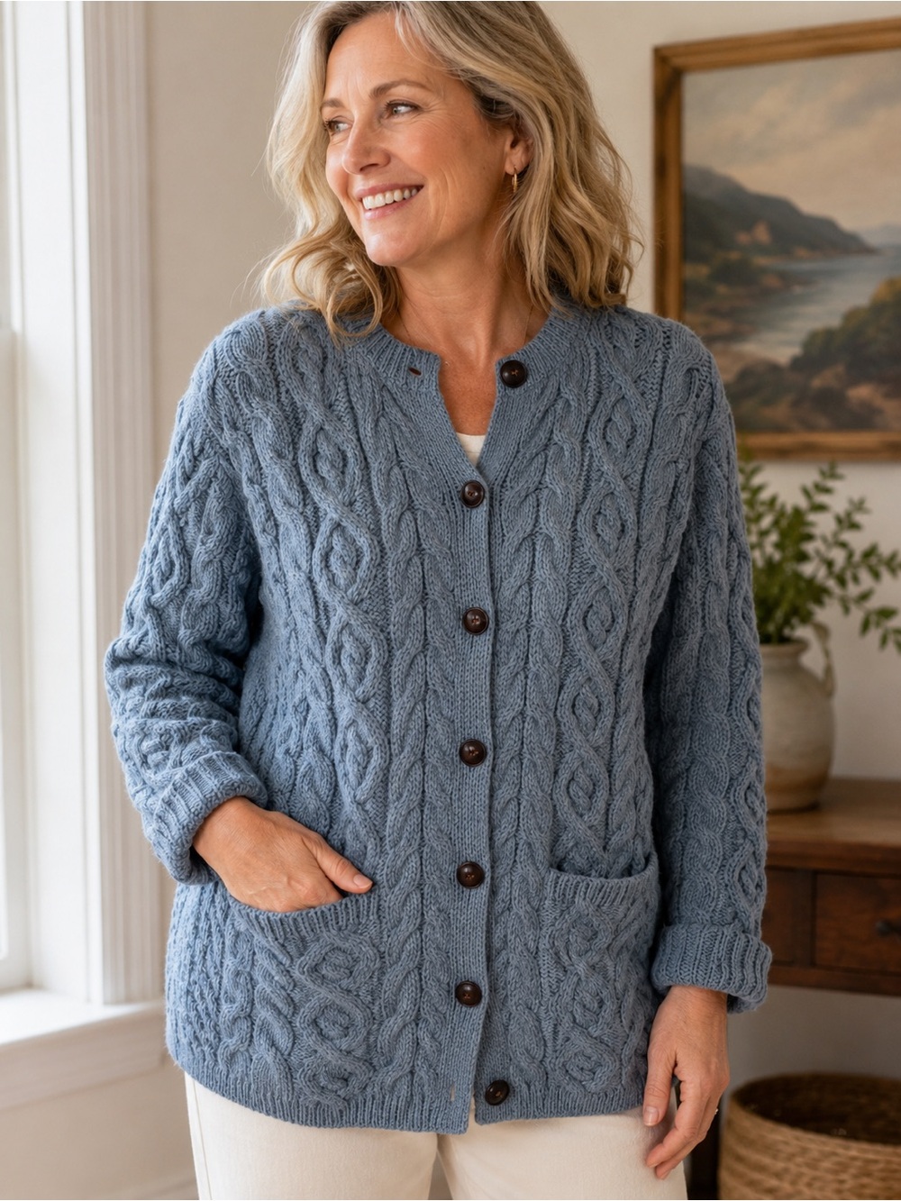 Kilronan Merino Wool Irish Aran Cable Knit Cardigan Sweater Women’s Blue Gray